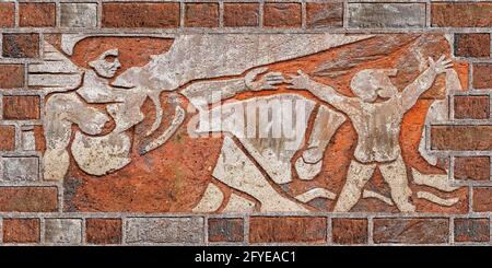 red color background with ivory color emboss human design wall paper and wall tiles high resolution image Stock Photo