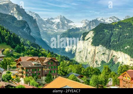 Lauterbrunnen Valley from Wengen, Switzerland Stock Photo