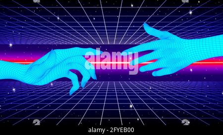 Hands touching in cyberpunk concept with 80s neon and grid style. Synthwave or vaporwave illustration with human and machine connection Stock Vector