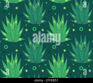 Seamless tropical pattern with folk pattern with dots on a dark green background. Vector texture of palm leaves and plants with tribal pattern. Wallpa Stock Vector