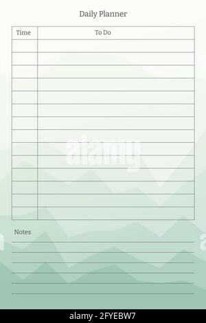 Daily planner template. to do tasks list and notes with column and row lining. Design for diary notebook notepad on multi-colored mint green sheets with abstract bright background of gradient peaks of mountains Stock Vector