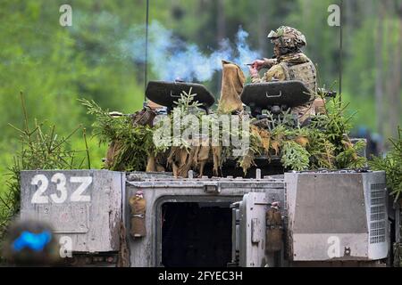 Tapa. 27th May, 2021. The Estonian Defense Forces (EDF) Spring Storm exercise enters the active phase at the Central Training Area near Tapa army base in northern Estonia, May 27, 2021. About 7,000 people participated in the three-week exercise kicking off on May 17. Credit: Sergei Stepanov/Xinhua/Alamy Live News Stock Photo