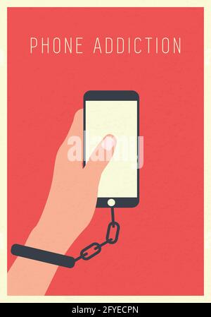 Chained and shackled hand, addicted to social networking, Internet dependence concept. hand holding smartphone with social network Stock Vector