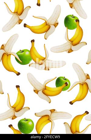 Seamless pattern with fruits. Tropical abstract background. Banana and apple on white background Stock Photo
