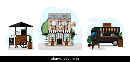 Coffee set. Coffee house exterior vector illustration. Flat design of facade. Street food truck with cooffee. Street cart selling coffee. Portable Stock Vector