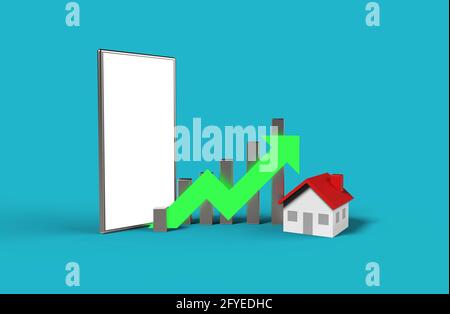 Growth real estate concept. Business graph with house  and blank screen mobile phone. 3D Illustration. Stock Photo