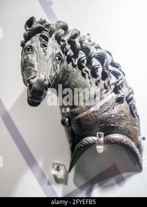 Horse's head decoration for head of bed - bronze with silver - Herculaneum ruins, Italy Stock Photo