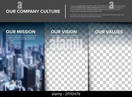Vector Mission, vision and values company diagram schema infographic statement with big photo placeholders for corporate images. Three strategy busine Stock Vector