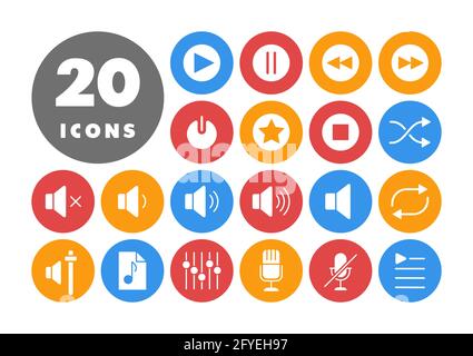 Multimedia user interface flat vector white glyph icons set. Graph symbol for music and sound web site and apps design, logo, app, UI Stock Vector