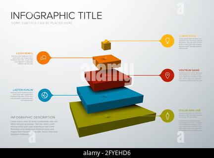 Vector Infographic square layers template with five levels for material structure - color pyramid template on light background with droplet pointers i Stock Vector
