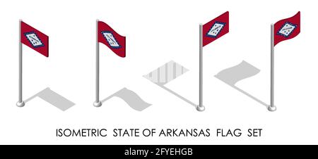 isometric flag of american state of Arkansas in static position and in motion on flagpole. 3d vector Stock Vector