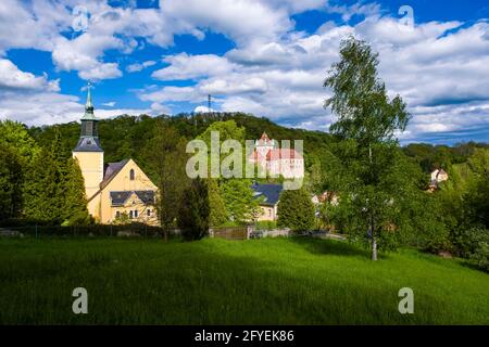 The Town's church and the medieval castle Kuckuckstein, built in 940, throning over the roofs of the small town. Stock Photo