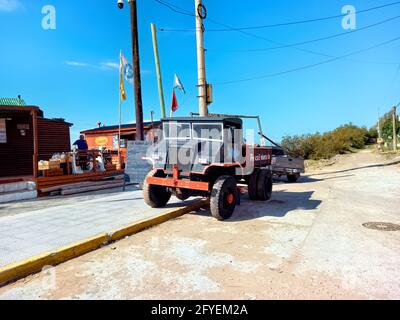 SANTA TERESITA, LA COSTA, BUENOS AIRES, ARGENTINA - Apr 06, 2021: shot of an old restored blue 1940s Chevrolet Blitz truck still in use to tow fishing Stock Photo