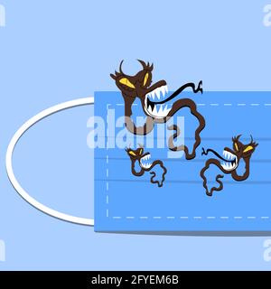 Scary worm monster on a protective face mask. Stock Vector