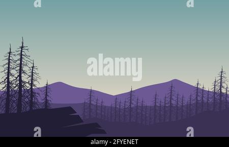 Panorama silhouetted mountains with realistic forest from the outskirts of the city on a bright morning. Vector illustration of a city Stock Vector