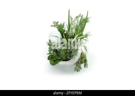 Mortar with herbs isolated on white background Stock Photo