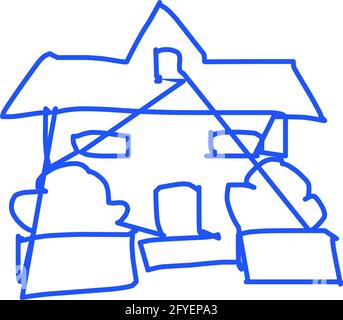 House icon of rough line art in hand drawn style, one line, blue 33 Stock Vector