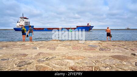 Blue industrial ship at the pier on the Baltic Sea in Swinoujscie. Stock Photo