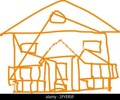 House icon of rough line art in hand drawn style, one line, orange 11 Stock Vector
