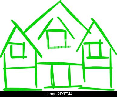 House icon of rough line art in hand drawn style, simple, green 25 Stock Vector
