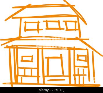 House icon of rough line art in hand drawn style, simple, orange 11 Stock Vector