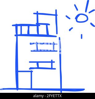 House icon of rough line art in hand drawn style, sun, blue 05 Stock Vector