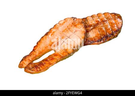 Salmon steak isolated on white background. Grilled fish. A serving of food is two pieces of baked red fish. A healthy delicacy. Grill salmon Stock Photo