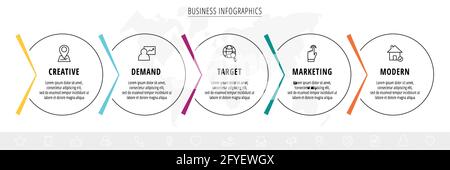 Vector infographics five circles with arrows. Line business concept of 5 steps, options. Infographic template for diagram, web, banner, presentations Stock Vector