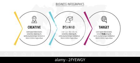 Vector line infographics template for 3 colorful arrows and circles. Business concept with three elements and icons. Modern blank space for chart Stock Vector