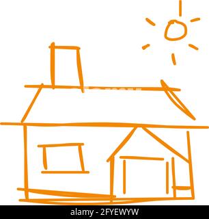 House icon of rough line art in hand drawn style, sun, orange 11 Stock Vector