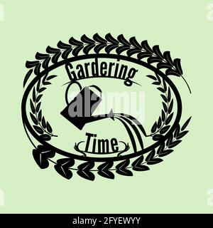 Vector silhouette of gardering time sign poster for logo with the leaves branches around and water is pouring from the watering can on the middle. Vec Stock Vector