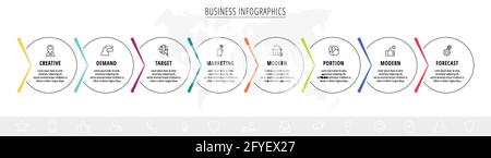 Vector infographics eight circles with arrows. Line business concept of 8 steps, options. Infographic template for diagram, web, banner, presentations Stock Vector