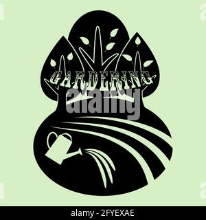Vector silhouette of gardering sign poster logo with the trees, farm fields and water is pouring from the watering can. Trendy Gardering concept logo Stock Vector