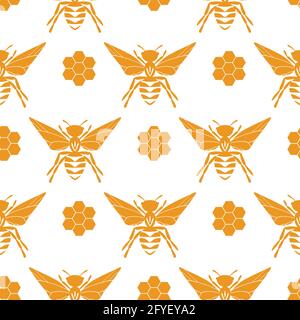 Seamless pattern with bees and honeycombs on white background. Small wasp. Vector illustration. Adorable cartoon character. Template design for Stock Vector