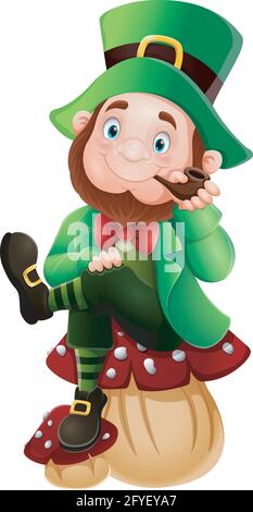 Cartoon happy leprechaun sitting on the mushroom Stock Vector