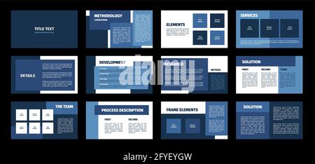 Presentation template. Blue rectangles flat design, white background. 12 slides. Title, methodology, element, service, detail, development, research, Stock Vector