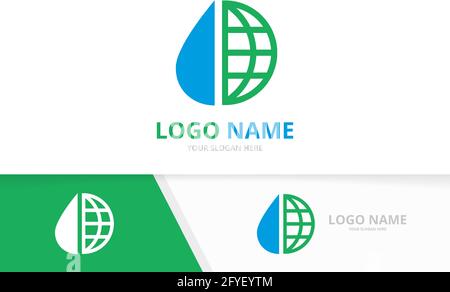 Vector water drop and earth logo combination. Unique globe logotype design template. Stock Vector