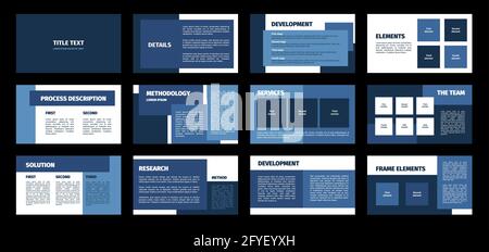 Presentation template. Blue and white rectangles flat design, 12 slides. Title, detail, development, element, process description, methodology, servic Stock Vector