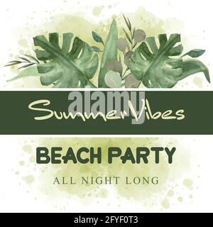watercolor summer banner with tropical leaves. Beach party banner Stock Vector