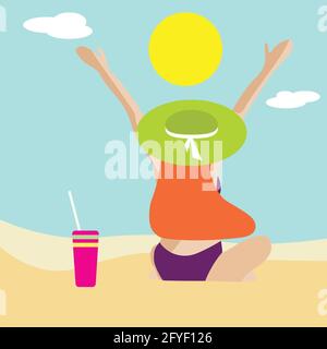 minimalist portrait of woman at beach. Summer banner. Beach scene Stock Vector