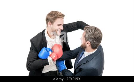 Employee and employer professional men fight with boxing gloves isolated on white, conflict Stock Photo