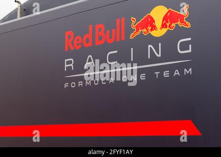 RedBull Racing logo printed on the side of a RedBull truck, taken at Silverstone race track at the British GP in  the UK. Stock Photo