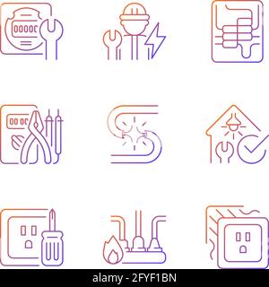 Electrician service gradient linear vector icons set Stock Vector