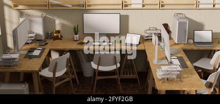 3D rendering, office room with mock-up screen computer devices and supplies on wooden table with chairs, 3D illustration Stock Photo