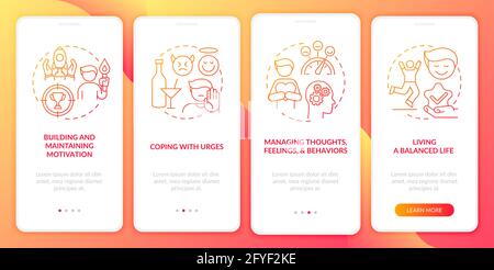 Addiction recovery steps methods onboarding mobile app page screen with concepts Stock Vector