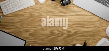 3D rendering, flat lay of digital devices  and copy space on wooden table, 3D illustration Stock Photo