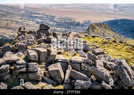 View from the summit of Sharpitor with Leather Tor visible beyond,, Dartmoor National Park, Devon, England, UK. Stock Photo