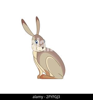 A beautiful jackrabbit Lepus californicus or American desert hare sits. Scene from wild. Cartoon character vector flat illustration isolated on a Stock Vector