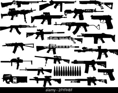 Vector collection set of silhouettes of modern guns. Assault and sniper rifles, pistols, shotguns, symbol illustration isolated on white background. Army and police weapons. Stock Vector