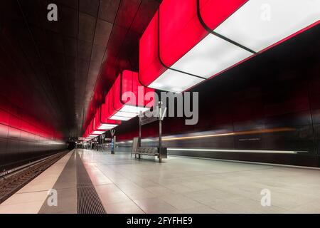 Hafen City Underground Station in Hamburg with the colourful lightning Stock Photo